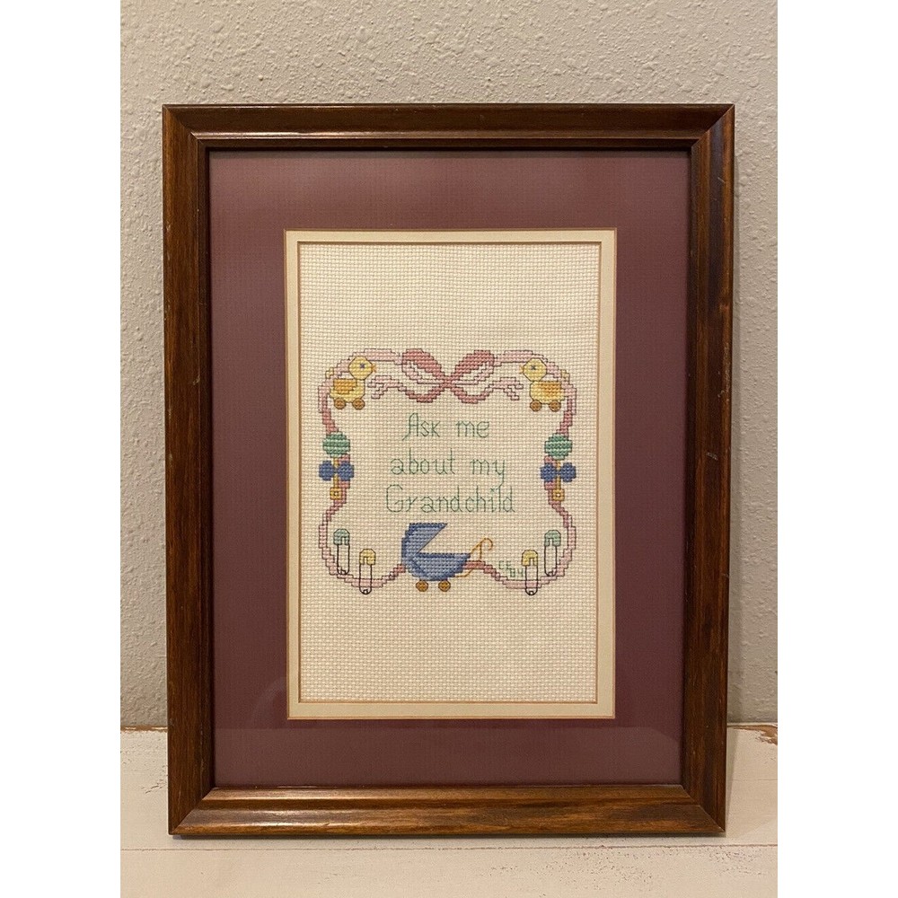 Framed and Completed Vintage Cross Stitch Ask Me About My Grandchild Used